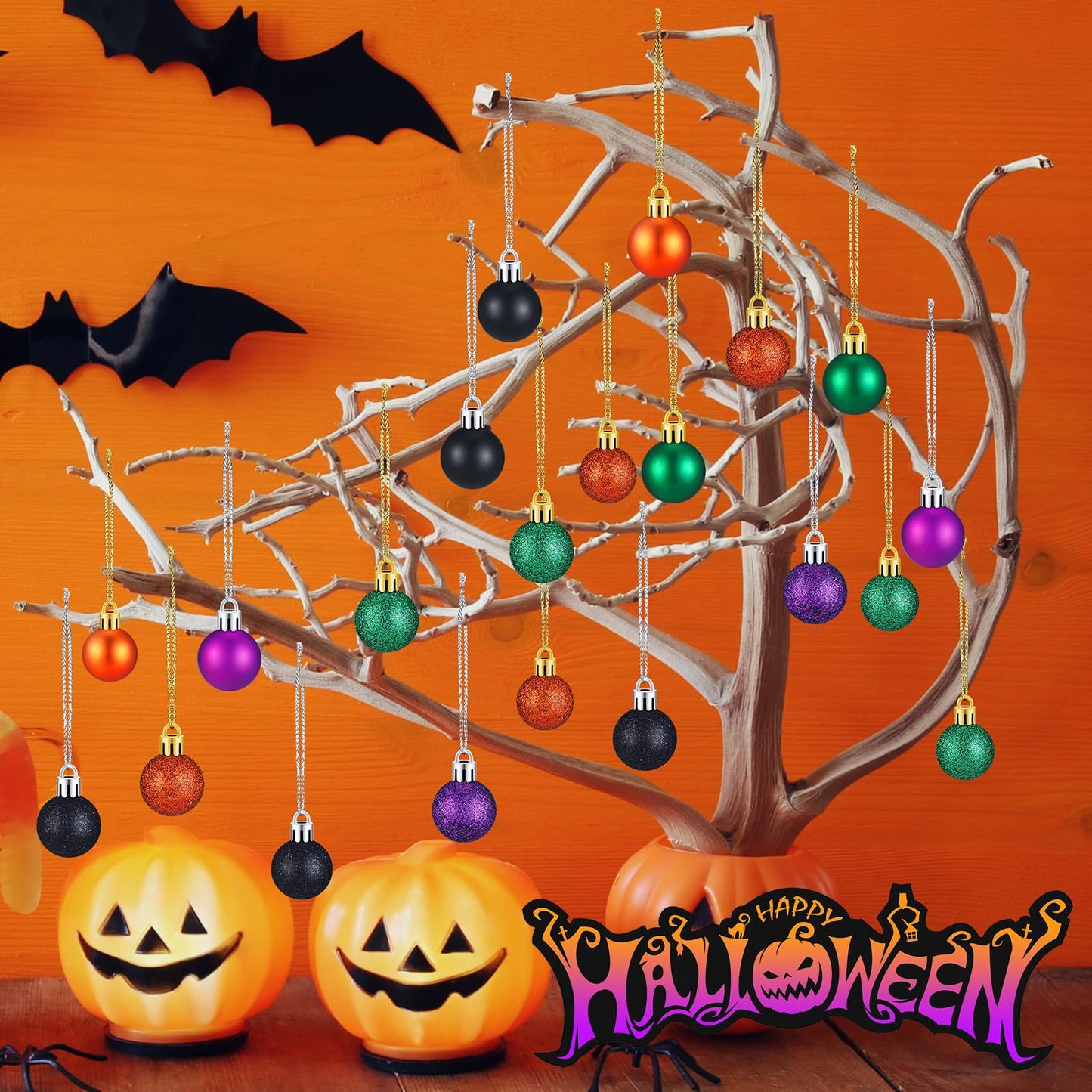 80 Pcs Mini Halloween Ball Ornaments 1" Halloween Hanging Glitter Ball Halloween Tree Ball Ornaments Shiny Tree Plastic Ball Decorations for Halloween Christmas Party Tree Decor(Halloween Style)