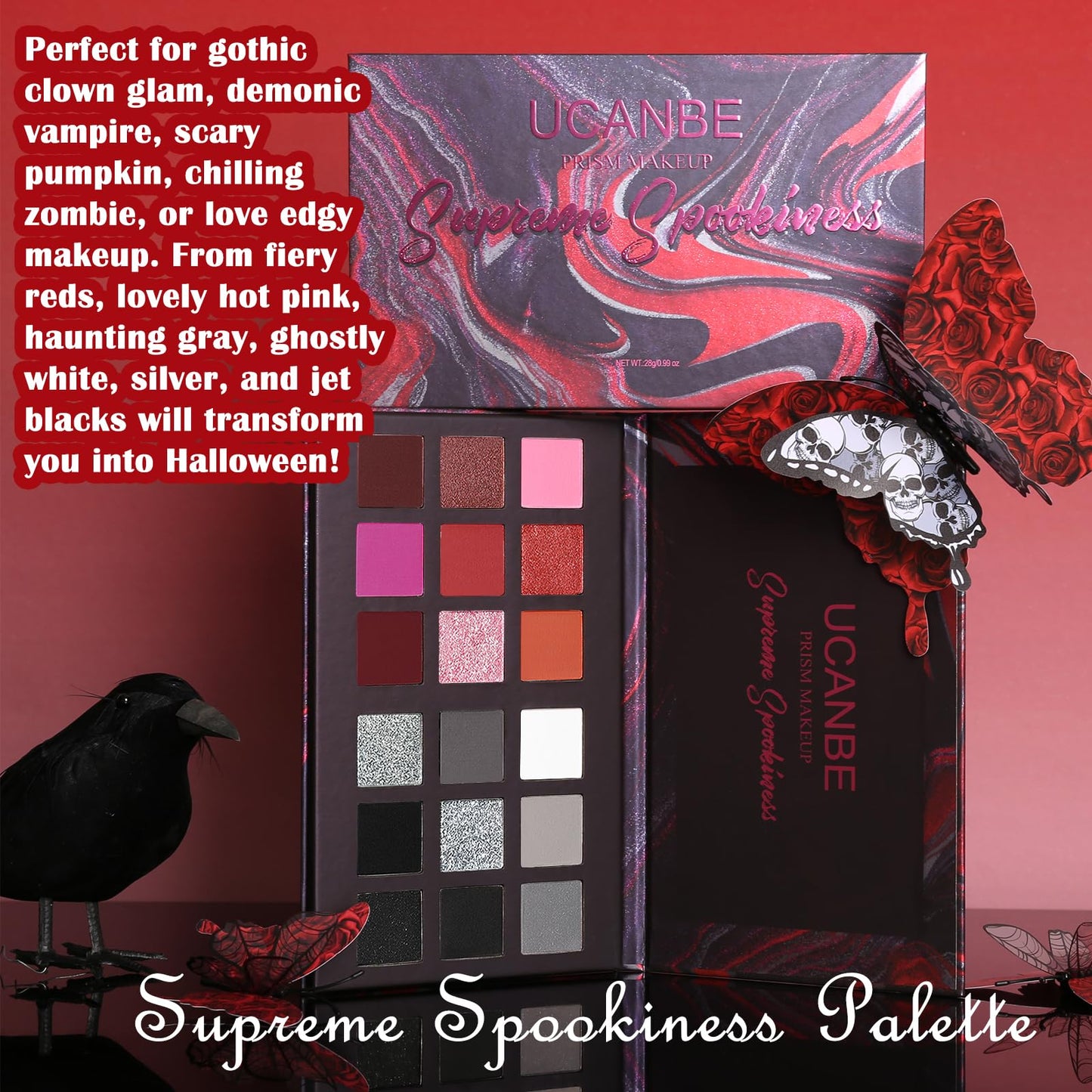 Black Red Goth Smokey Eyeshadow Palette Makeup-18 Colors Gray Silver Pink Burgundy Matte Shimmer Metallic Dark Eye Shadow Pallet for Christmas Halloween Clown Vampire Joker SFX Cosplay Costume Make Up