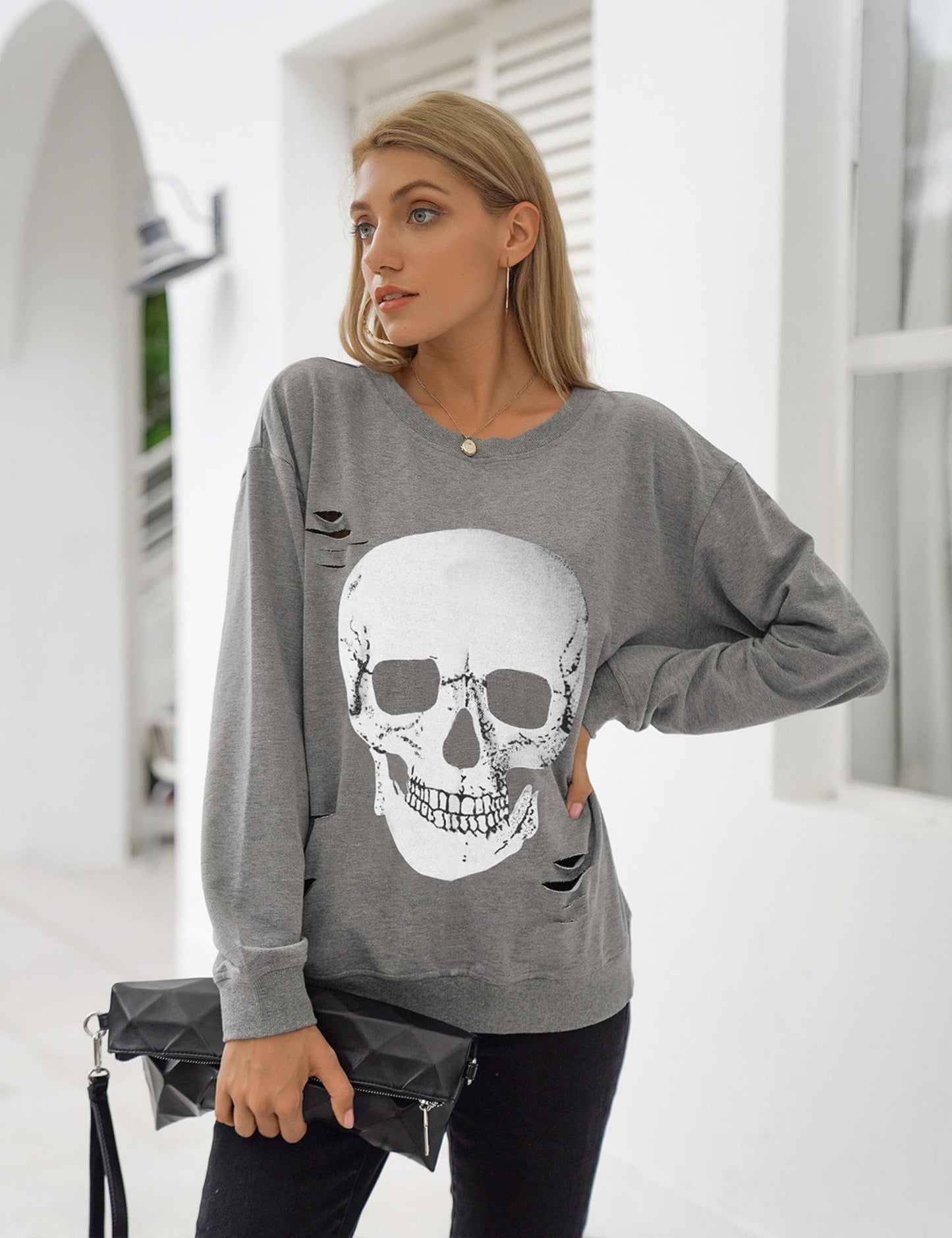 Blooming Jelly Women's Halloween Sweatshirts Skull Graphic T Shirts Long Sleeve Pullover Gothic Fall Trendy Outfits 2024 (Large, Grey)