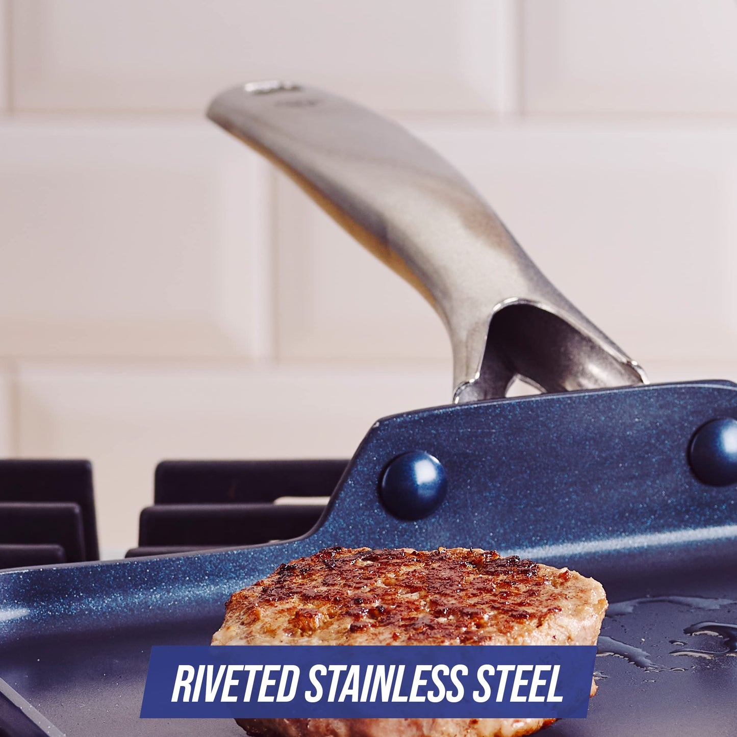 Blue Diamond 11" Nonstick Square Griddle Pan, Non Toxic PFAS-Free Diamond Ceramic, Dishwasher & Oven Safe, Even Heating, Metal Utensil Safe, Warp Control, Blue