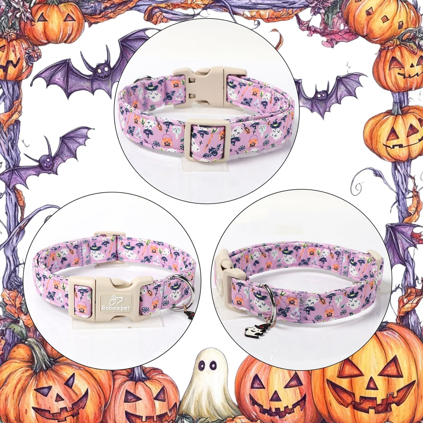 Babole Pet Halloween Dog Collar Cute Wizard Ghost Puppy Collar - Light Comfortable Adjustable Pet Collars for Small Medium Large Girl Boy Dogs S
