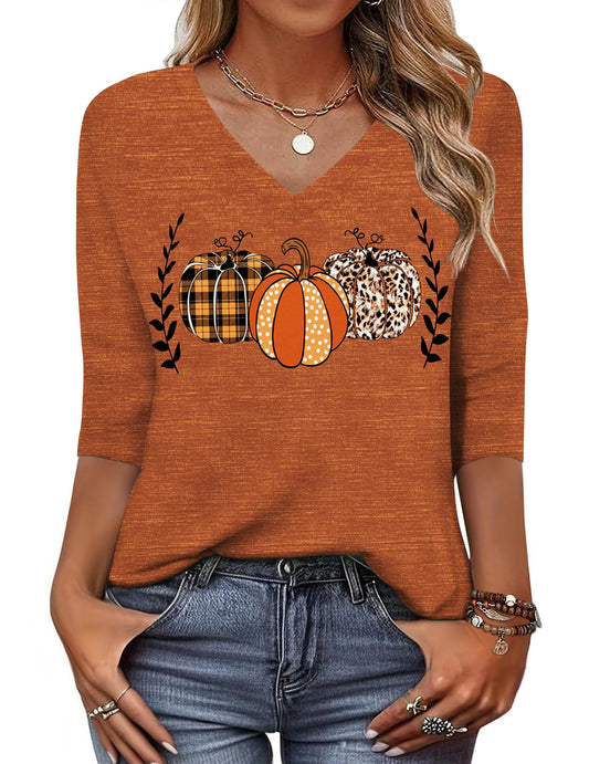 Zeagoo Halloween Pumpkin Shirts Women Fall T-Shirts Cute Autumn Graphic Tees Thanksgiving Tops Halloween Shirts 3/4 Sleeve V-Neck T Shirt