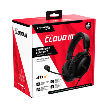 HyperX Cloud III – Wired Gaming Headset, PC, PS5, Xbox Series X|S, Angled 53mm Drivers, DTS Spatial Audio, Memory Foam, Durable Frame, Ultra-Clear 10mm Mic, USB-C, USB-A, 3.5mm – Black