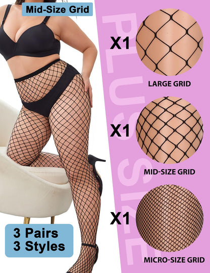 Buauty Plus Size Fishnet Stockings for Women - 3 Pairs Sexy Fishnets Tights, Halloween Fish Net Stockings,Gothic Clothes