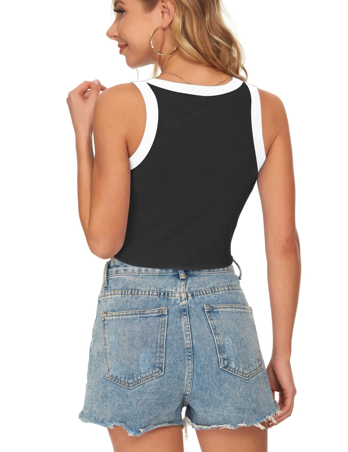 AUSELILY Womens Tank Top Womens Round Neck Basic Racerback Ribbed Tank Top Women(Black White,XL)