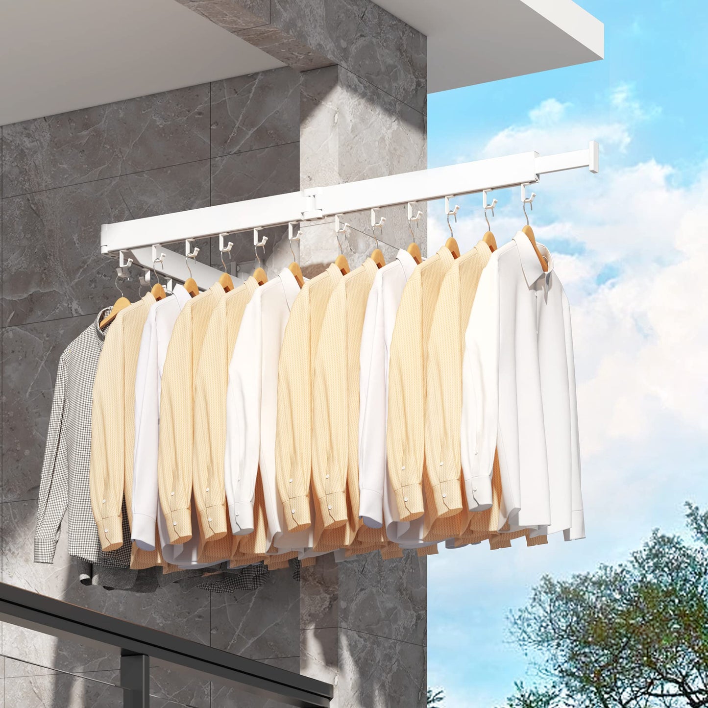 BOQORAD Clothes Drying Rack Wall Mounted,Drying Rack Clothing,Laundry Drying Rack Wall Mount,Collapsible Drying Racks for Laundry,Retractable,Foldable,Clothes Dryer Rack(White-J Type Hooks)
