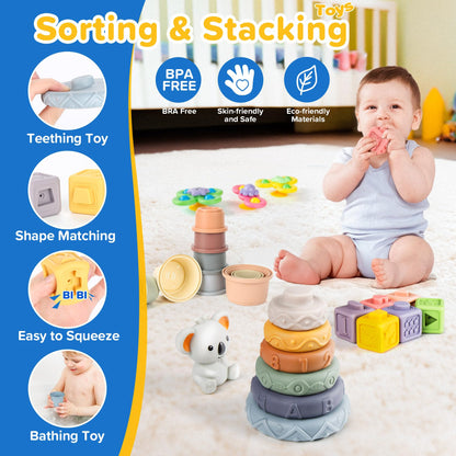 6-in-1 Baby Toys 6 to 12 Months, Montessori Toys for Babies 6-12-18 Months, Infant Teething Toy Stacking Blocks Rings Sensory Bin, Sorting Sensory Educational Learning Gift for Toddlers Aged 1-3