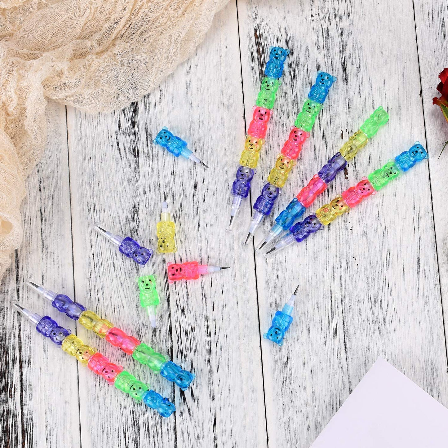 Boao 30 Pcs Stackable Pencils Plastic Bear Pencils 5 in 1 Stacking Colored for Birthday Bear Party Favors School Supplies Fun Equipment