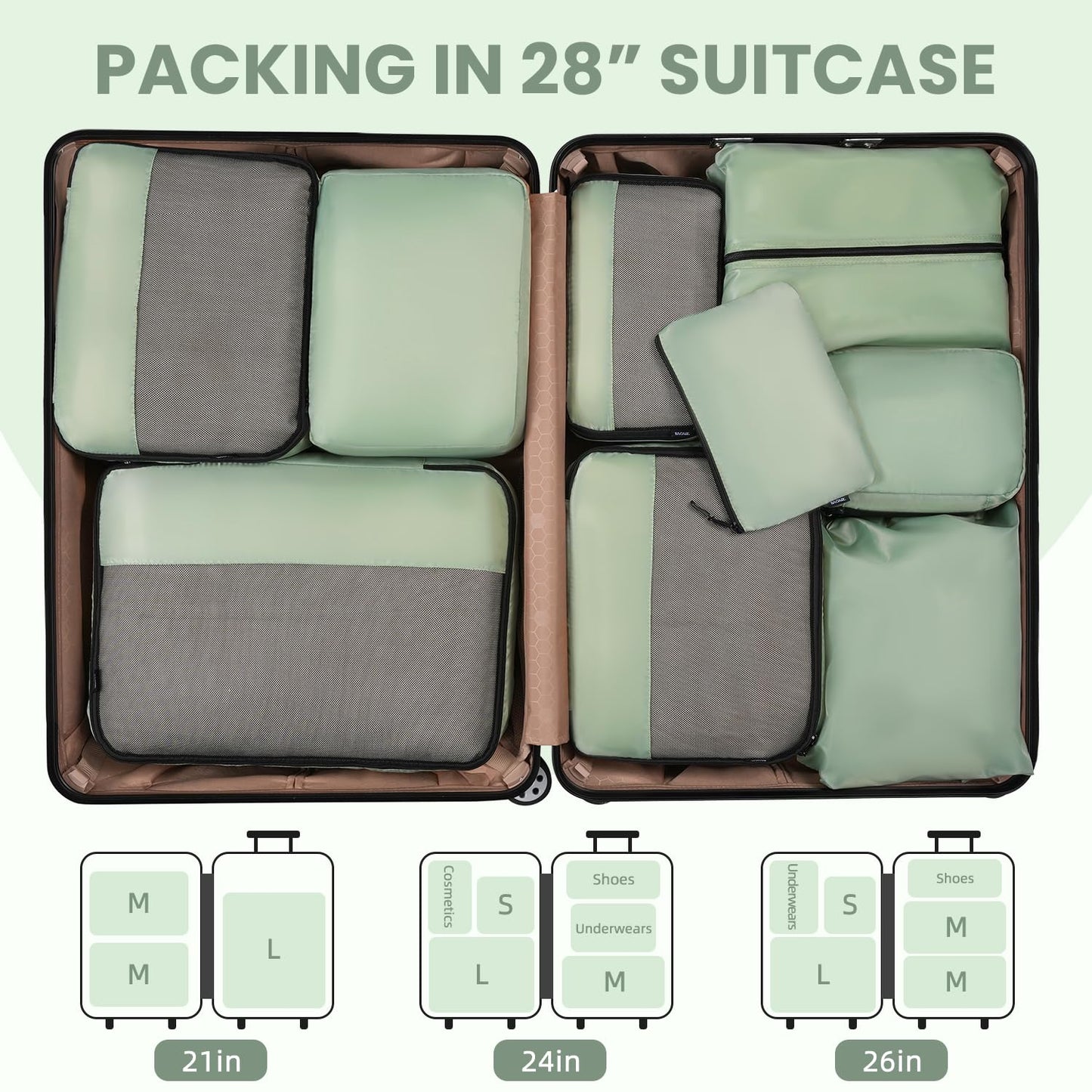BAGAIL 8 Set/9 Set Packing Cubes Luggage Packing Organizer for Travel, Suitcase Packing Bags for Travel Accessories(Matcha Green, 9 Set)