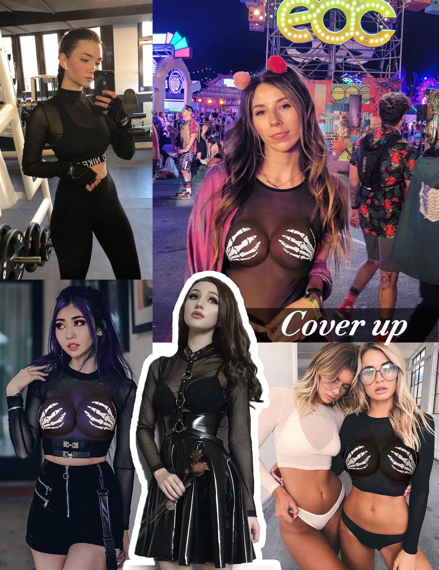 Avidlove Long Sleeve Mesh Crop Top Women's See Through Cropped Top mesh Top Sheer Shirt Skull Palm M