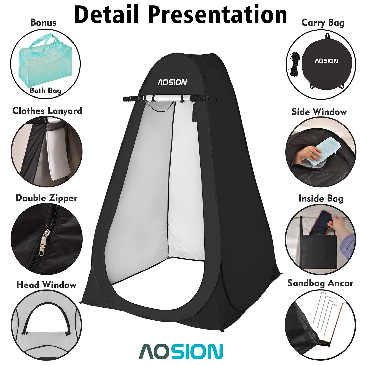 AOSION Privacy Shower Tent,Pop Up Changing Tent,Camp Bathroom Changing Dressing Room,Sun Sunshade Canopy Outdoor Rain Shelter for Camping Hiking Beach Picnic Fishing. (Black)