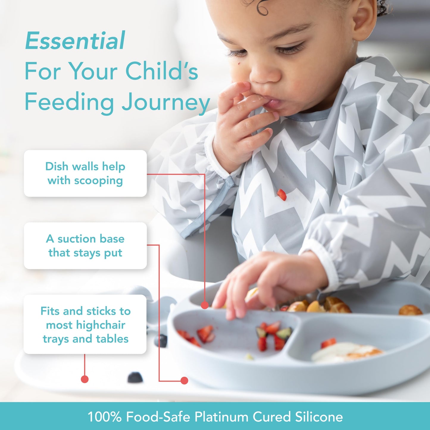 Bumkins Toddler and Baby Suction Plate, Divided Grip Dish for Babies and Kids, Baby Led Weaning, Feeding Supplies, Sticks to Tables and Highchairs, Platinum Silicone, for Chidren 6 Months, Gray