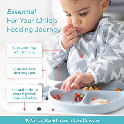 Bumkins Toddler and Baby Suction Plate, Divided Grip Dish for Babies and Kids, Baby Led Weaning, Feeding Supplies, Sticks to Tables and Highchairs, Platinum Silicone, for Chidren 6 Months, Gray