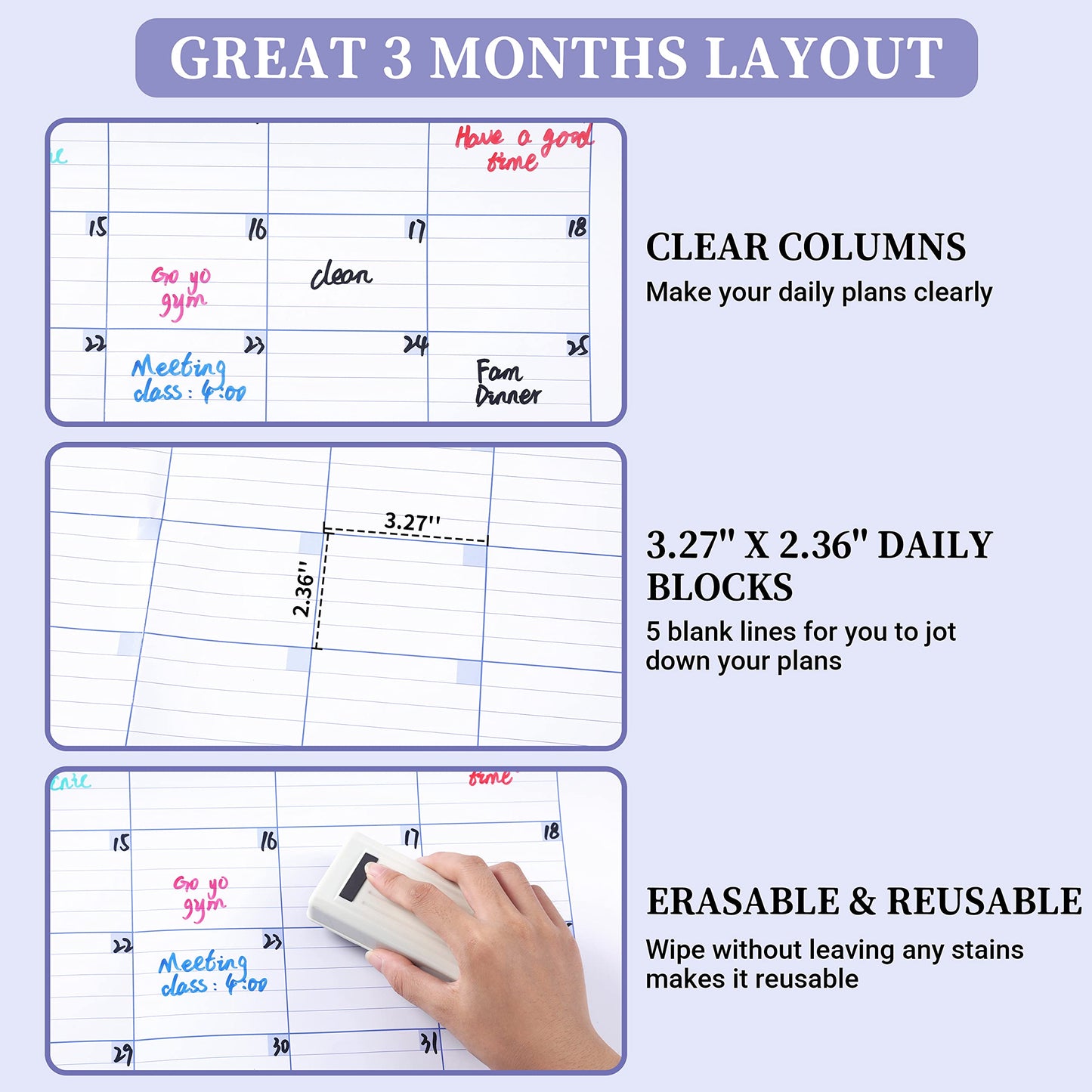 BooQool Large Dry Erase Calendar for Wall - Undated 3 Month Calendar, 27.7'' x 40'', Erasable & Reusable Laminated White Board with 8 Round Stickers, Vertical Layout Home, Office and School