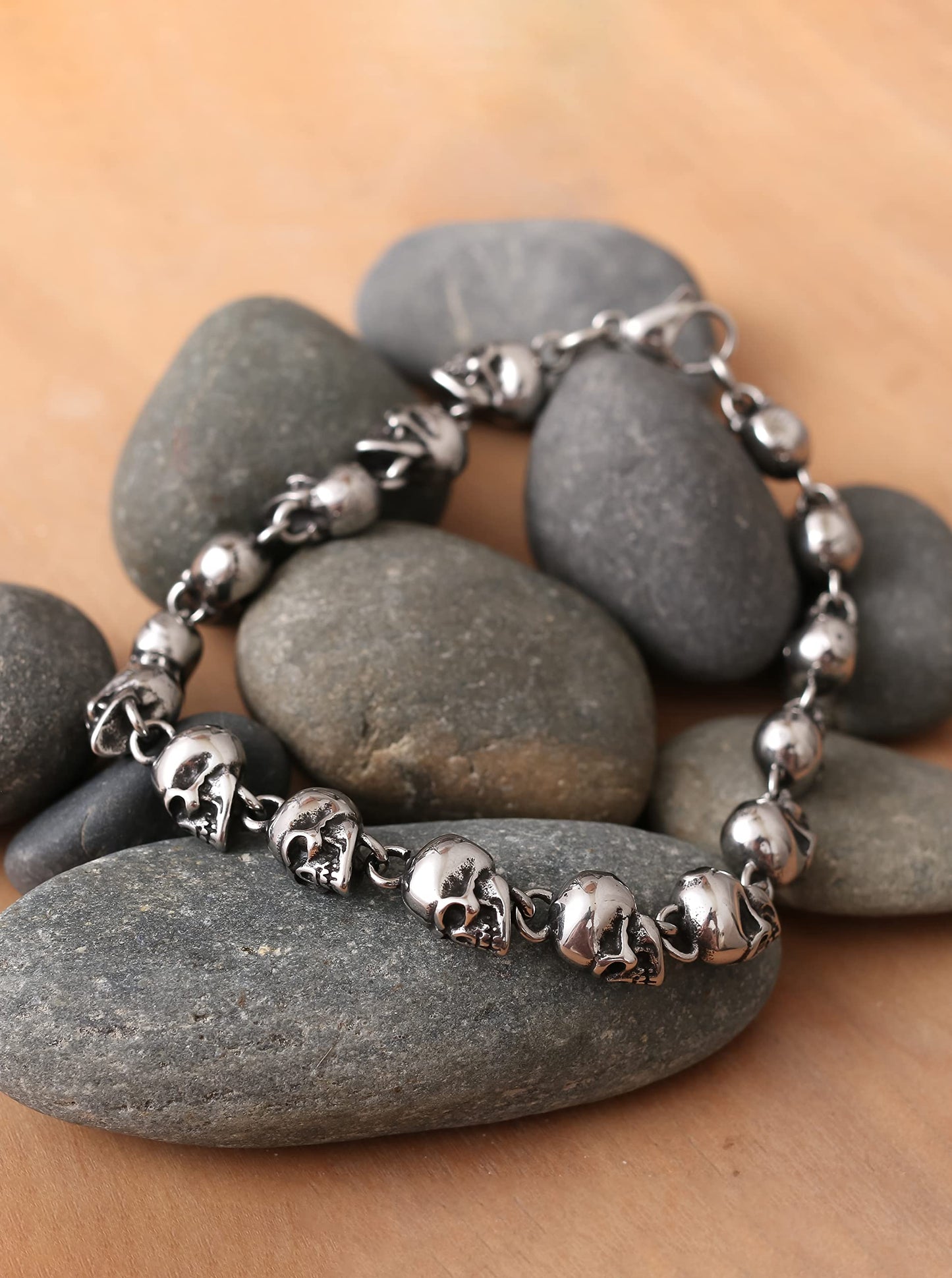 HAQUIL Stainless Steel Skull Bead Linked Bracelet for Men and Women, Skull Jewelry Gift (AD)