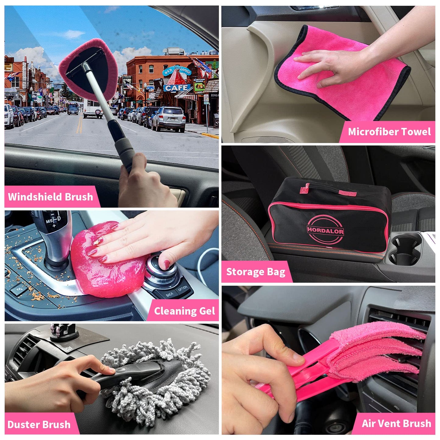 HORDALOR Pink Car Interior Detailing Kit, 16Pcs Car Cleaning Kit with High Power Handheld Vacuum, Detailing Brush Set, Cleaning Gel, Windshield Cleaning Tool, Complete Car Cleaning Supplies for Women