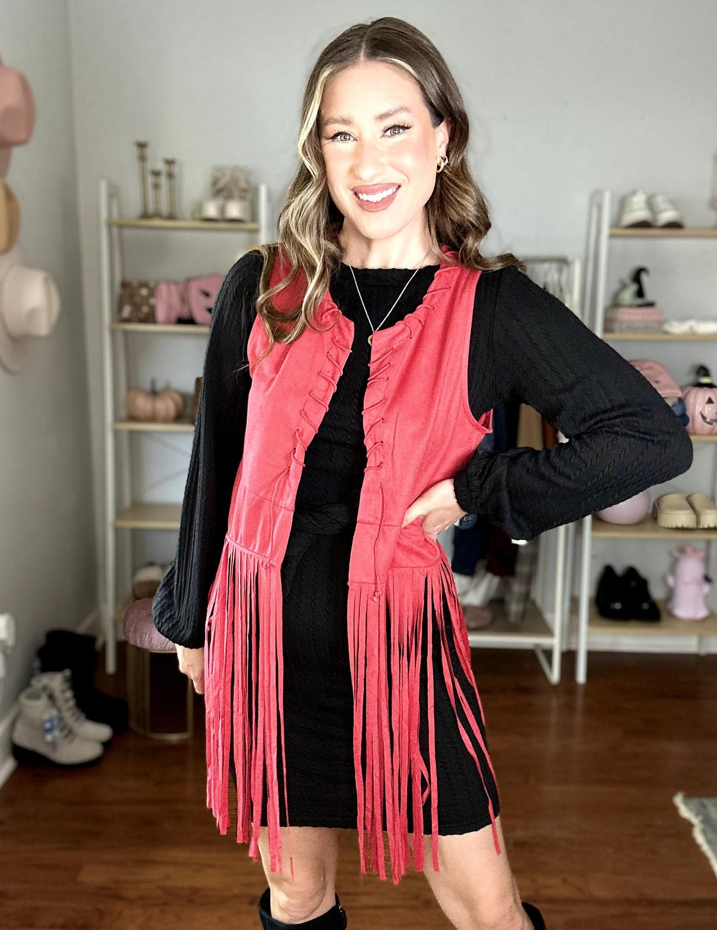 HOTOUCH Women Fringe Vest 70s Hippie Costume Faux Suede Sleeveless Tassels Cardigan Cowgirl Western Tops