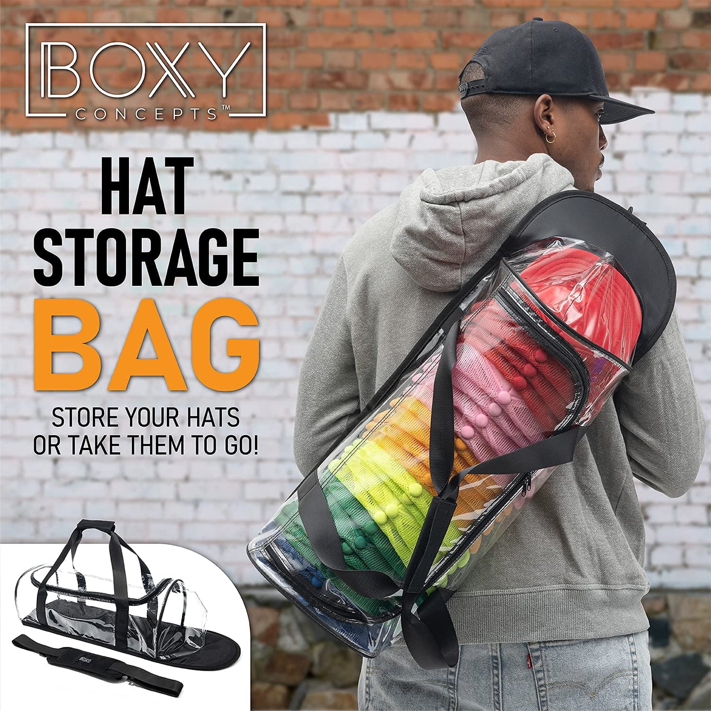 Boxy Concepts Hat Storage Bag - Holds 24 Baseball Cap - Transparent Dome Shaped Carrier Case with Hand & Shoulder Strap - Zippered Hat Organizer, Holder & Storage Bag for Travel - Wall Organizer