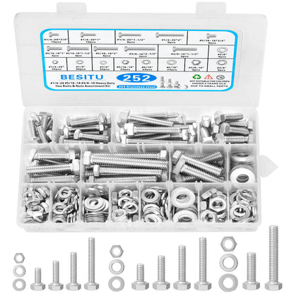 Besitu 252Pcs Hex Bolts and Nuts Assortment Kit, 1/4-20, 5/16-18, 3/8-16 Assorted Bolts Nuts and Washers Kit, 304 Stainless Steel Machine Screw Sets with Case