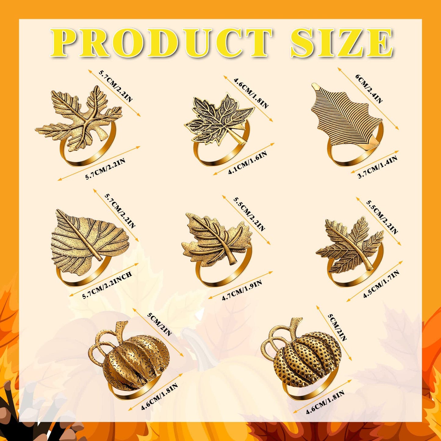 WILLBOND 12 Pcs Thanksgiving Napkin Rings Set Thanksgiving Pumpkin Leaf Themed Holders Fall Napkin Rings Alloy Design Holder Buckle for Halloween Home Party Table Decor Wedding Supplies (Golden)