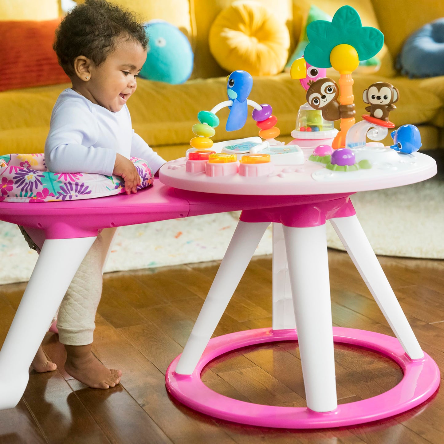 Bright Starts Around We Go 2-in-1 Baby Walker, Discovery Activity Center and Table, Tropic Coral, Ages 6 Months+
