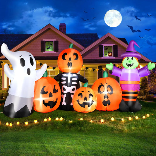 8FT Length Halloween Inflatables Pumpkin Outdoor Decoration, Witch, Ghost, with Blow Up Pumpkin Inflatables Decorations Built-in LED Lights & Powerful Air Blower for Party Garden Halloween Decor