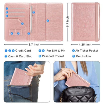 ACdream RFID BLOCKING Passport Holder Travel Wallet, Premium PU Leather Cover Passport Book with Card Holder, Pen Holder, Keep Organization, and Travel Essentials for Women and Men, Rose Gold