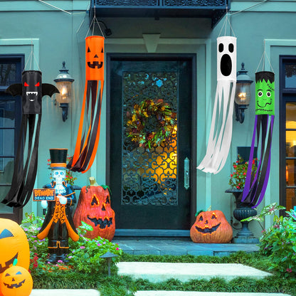 Whaline 4 Pieces Halloween Windsock Flag 39 in Spooky Cartoon Wind Socks Pumpkin Bat Ghost Monster Outdoor Hanging Decor Halloween Yard Signs for Home Patio Lawn Garden Tree Pathway Party Decoration