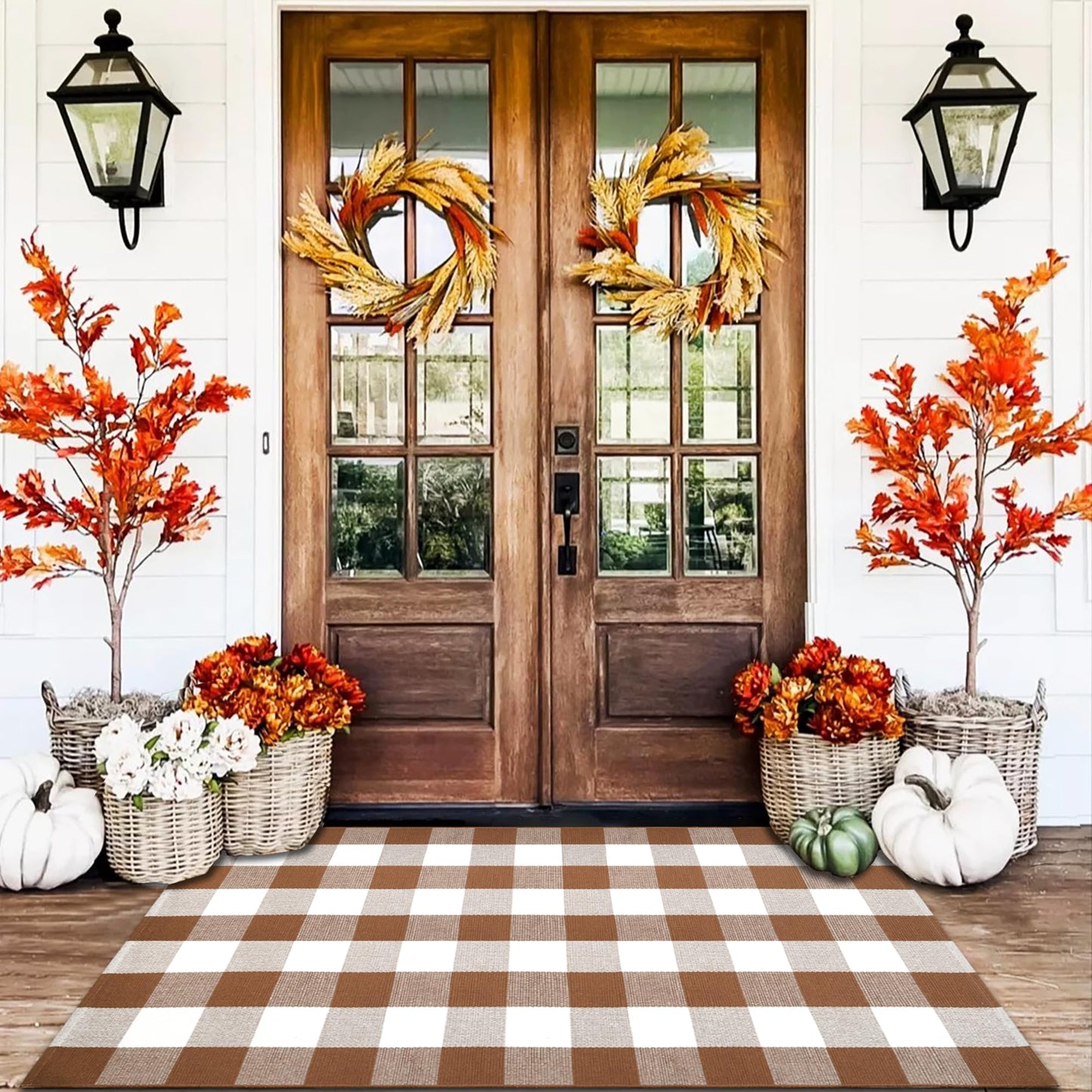 Buffalo Plaid Outdoor Rugs, 4'x6' Coffe and White Checkered Area Rug, Layering Rug for Hello/Welcome Door Mat, Washable Cotton Woven Farmhouse Mat for Front Porch Décor