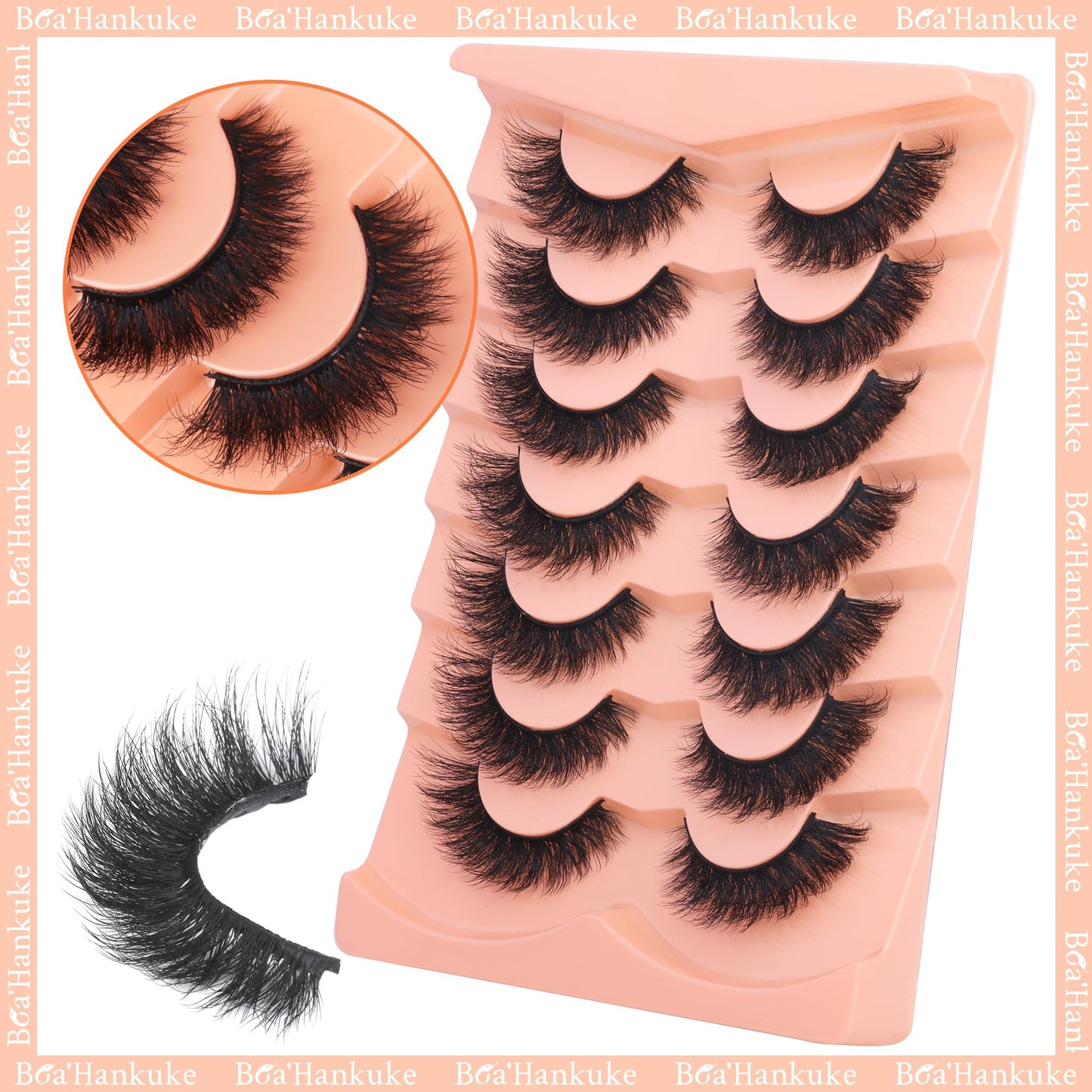 Boahankuke False Eyelashes Mink Lashes Full 18MM Cat Eye Lashes D Curvature Wispy Fake Lashes 8D Natural Strip Lashes Volume Lightweight Lashes Pack with Soft Cotton Band,7 Pairs