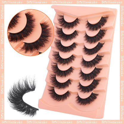 Boahankuke False Eyelashes Mink Lashes Full 18MM Cat Eye Lashes D Curvature Wispy Fake Lashes 8D Natural Strip Lashes Volume Lightweight Lashes Pack with Soft Cotton Band,7 Pairs