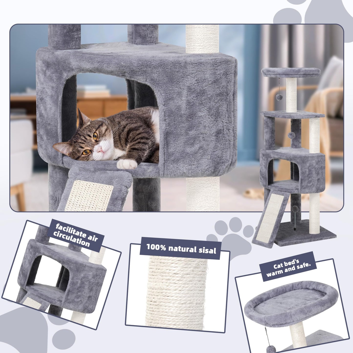 HUITREE 45in Cat Tree Tower with Big Condo for Indoor Kitten,Cat Tower with Scratching Post,Scratching Board and Cat Toys,Multi-Level,Small Space,Transformer Cat Tree, Grey(New)
