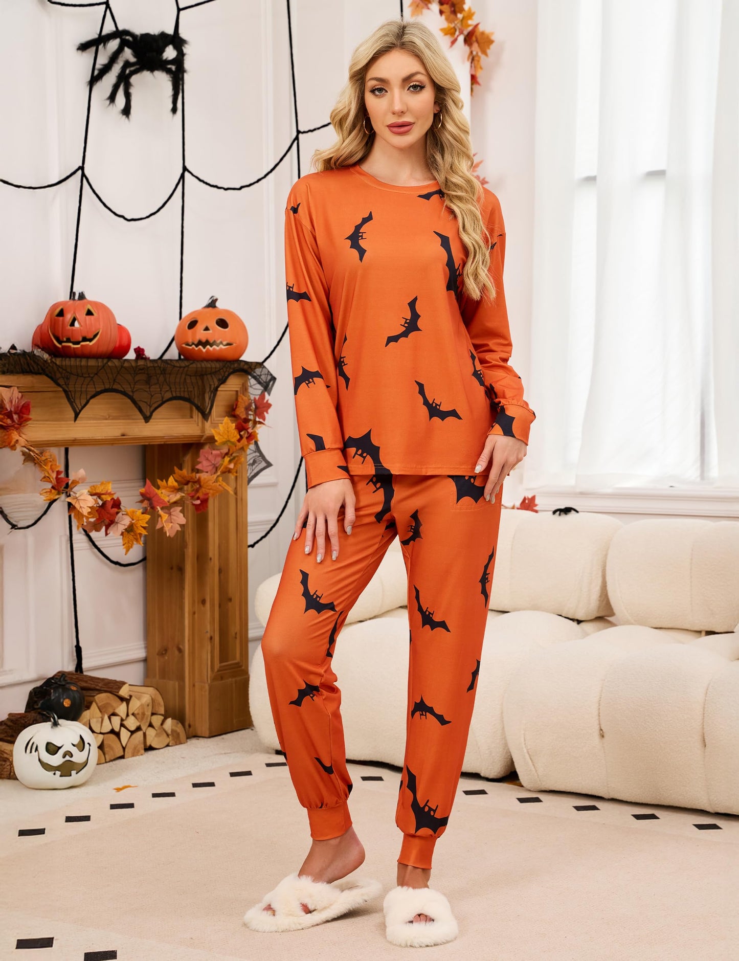 Blooming Jelly Womens Cute Pajama Sets Bat Halloween Pajamas Long Sleeve Pjs Lounge Set 2025 (S, Orange)