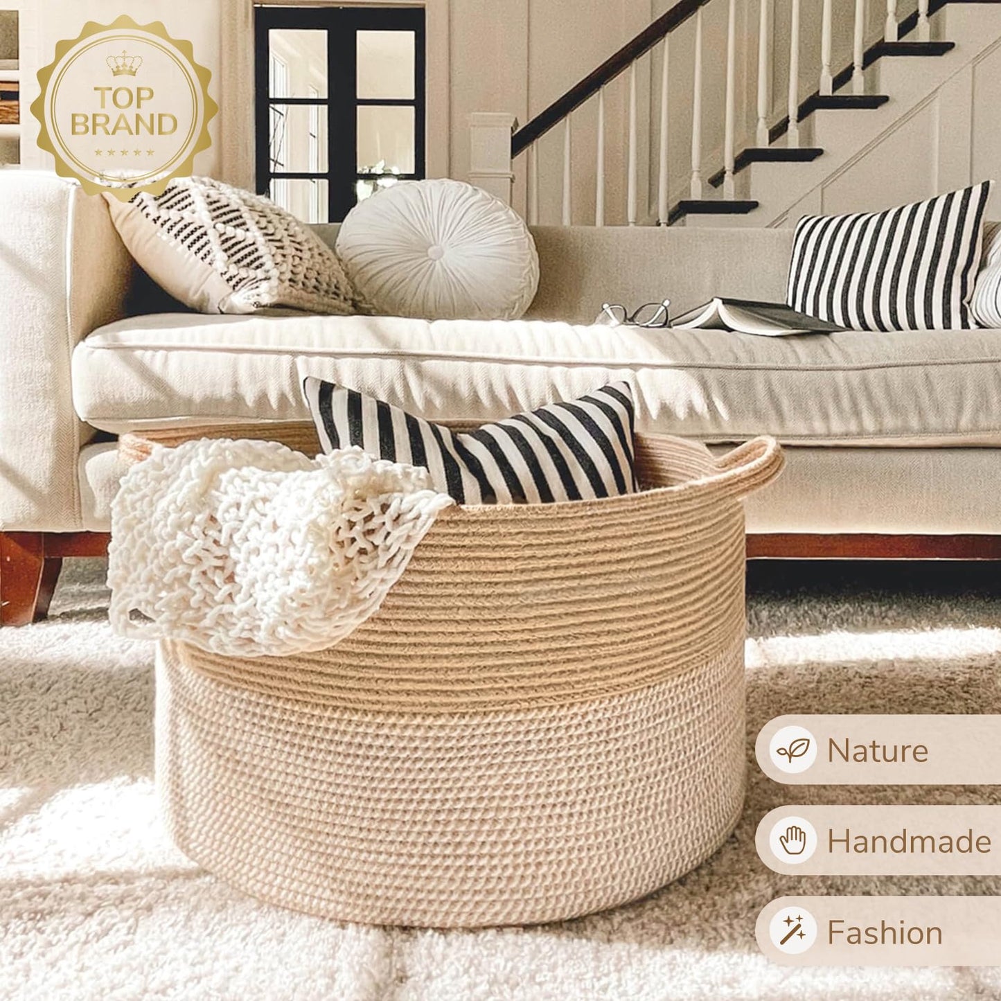INDRESSME Extra Large Woven Baskets for Storage, 21.7'' x 13.8'' Wicker Basket with Handle for Blankets, Big Laundry Baskets for Clothes, Pillows, Towel, Shoe Basket for Entryway, 90L White Jute