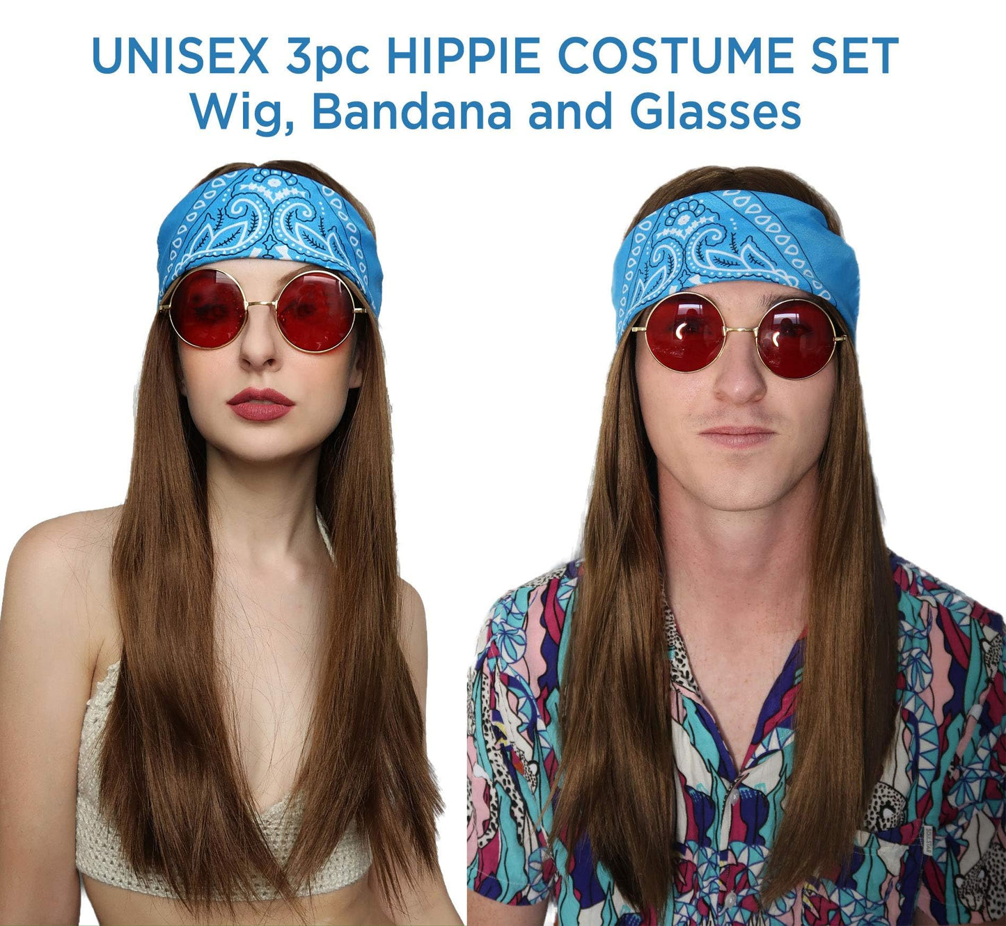 ALLAURA Compatible with Janis Joplin Wig – 3pc Long Brown Hippie Wig Costume Set with Bandana & Glasses – 60s 70s Unisex Hippy Look for Men & Women, Retro Festival Style, Halloween, Music Icon Cosplay