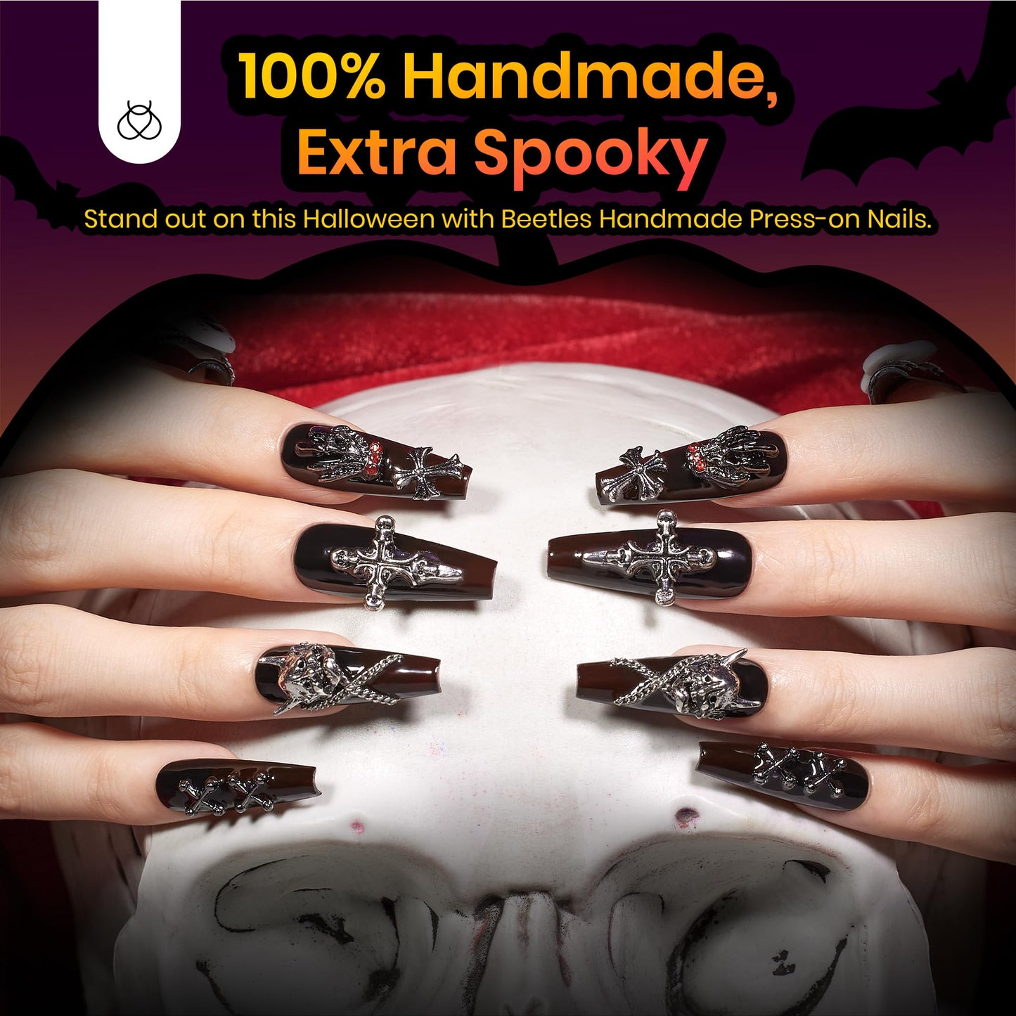 Beetles Halloween Press On Nails - Mystic Glow | Black Long Coffin Halloween Nails | 32Pcs 16 Sizes 3d Skull Cross Design Stick on False Nails With Quick-drying Nail Glue&Cuticle Oill