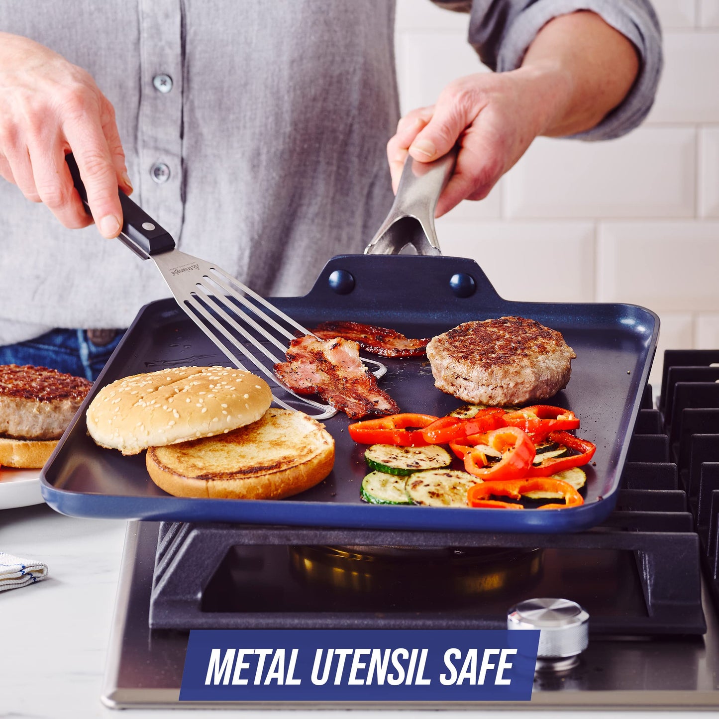 Blue Diamond 11" Nonstick Square Griddle Pan, Non Toxic PFAS-Free Diamond Ceramic, Dishwasher & Oven Safe, Even Heating, Metal Utensil Safe, Warp Control, Blue