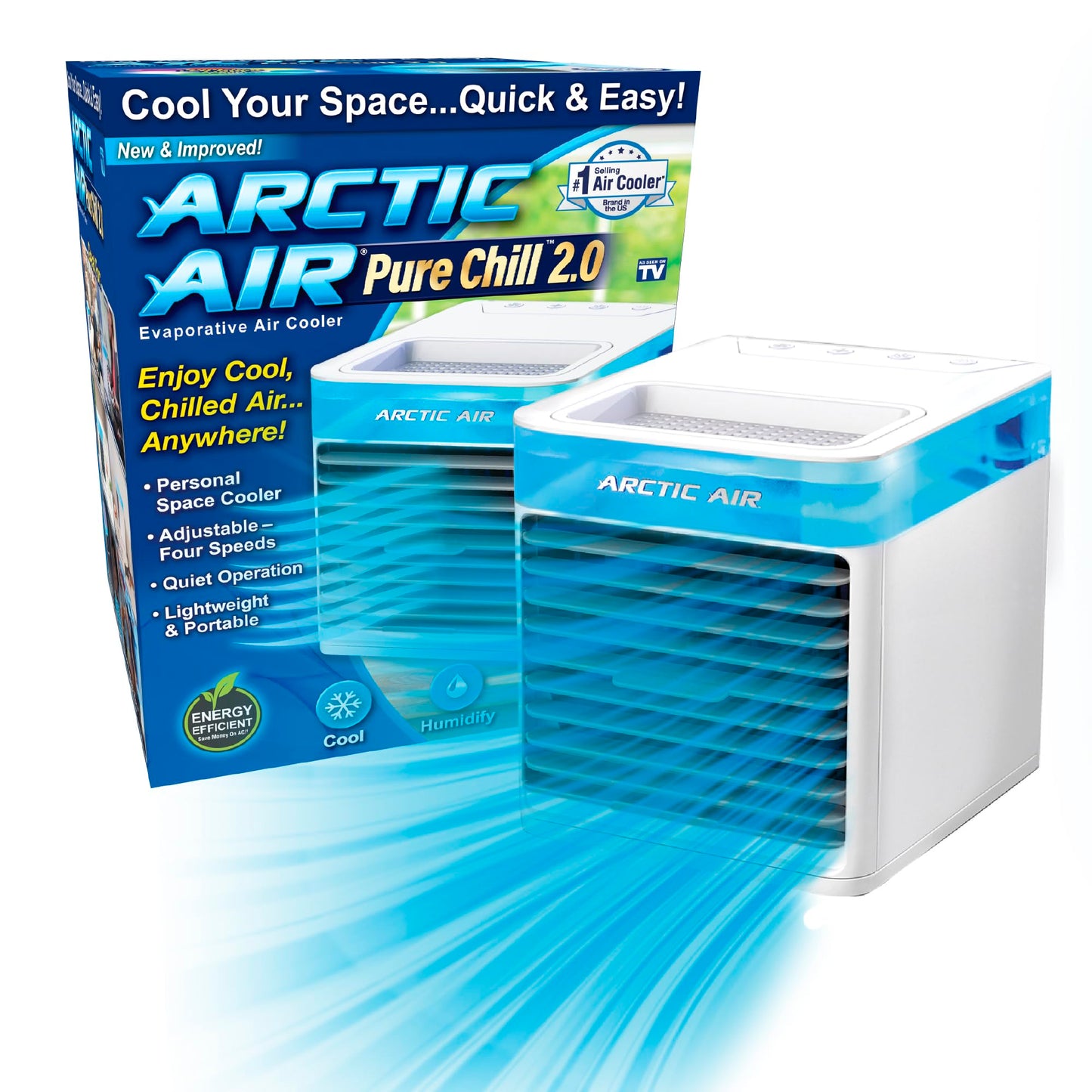 Arctic Air Pure Chill 2.0 Evaporative Air Cooler by Ontel - Powerful, Quiet, Lightweight and Portable Space Cooler with Hydro-Chill Technology For Bedroom, Office, Living Room & More,Blue