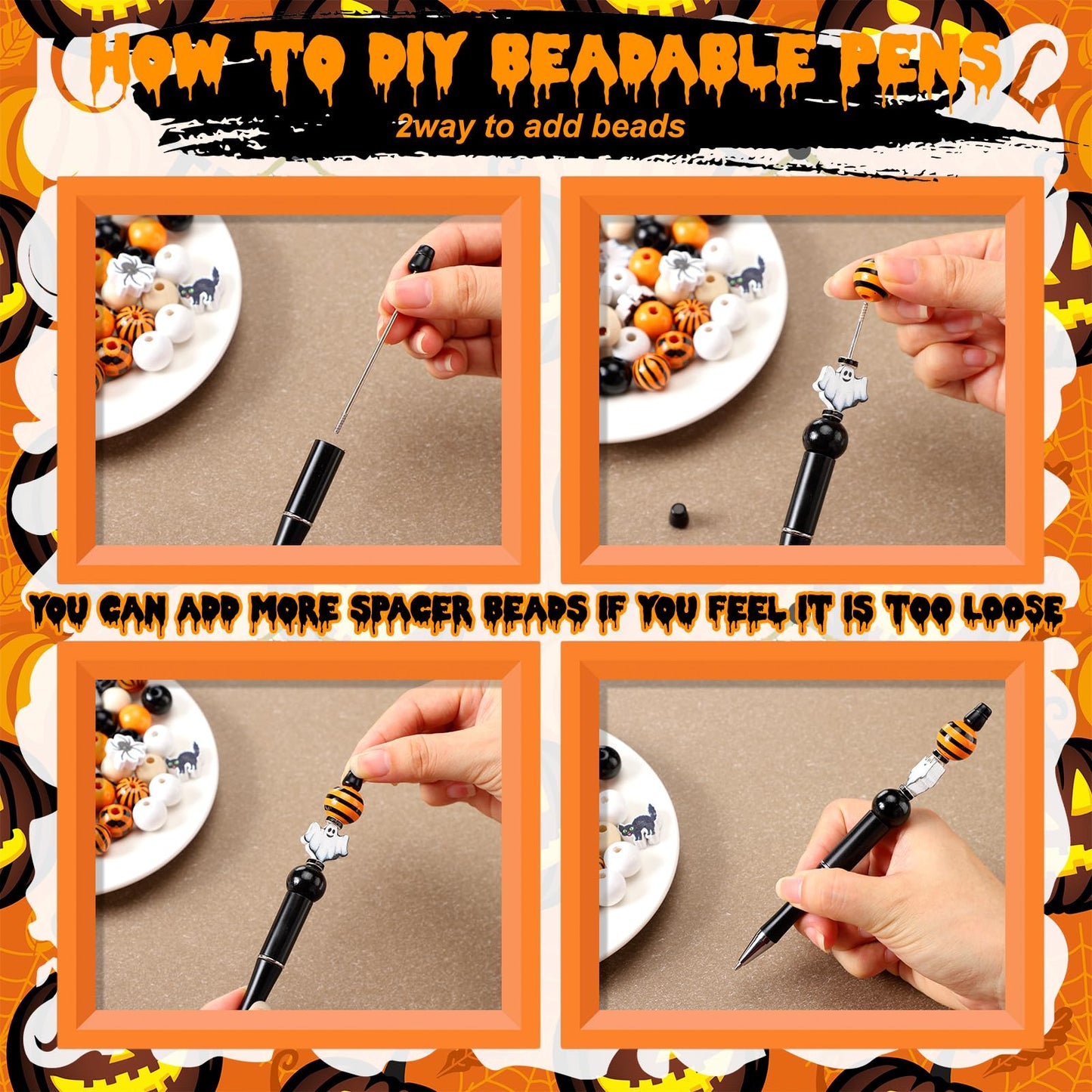 Zhanmai 197 Pcs Halloween Beadable Pen Bulk DIY Pens Making Kit 24 Assorted Bead Pens 101 Pumpkin Ghost Bat Spider Halloween Beads 24 Packaging Bags 48 Spacer Beads for Kids Office School Supplies