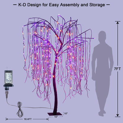 7 FT Halloween Lighted Willow Tree 256 LED Orange and Purple Lights Artificial Weeping Willow Tree with 6 Spiders Outdoor Indoor Decoration Christmas Festival Party Home Decor