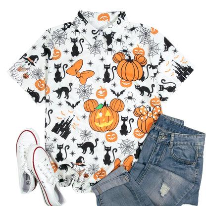 Womens Halloween Hawaiian Shirt Cute Pumpkin Spooky Castle Graphic Tee Magical Halloween Short Sleeve Button Up Tops