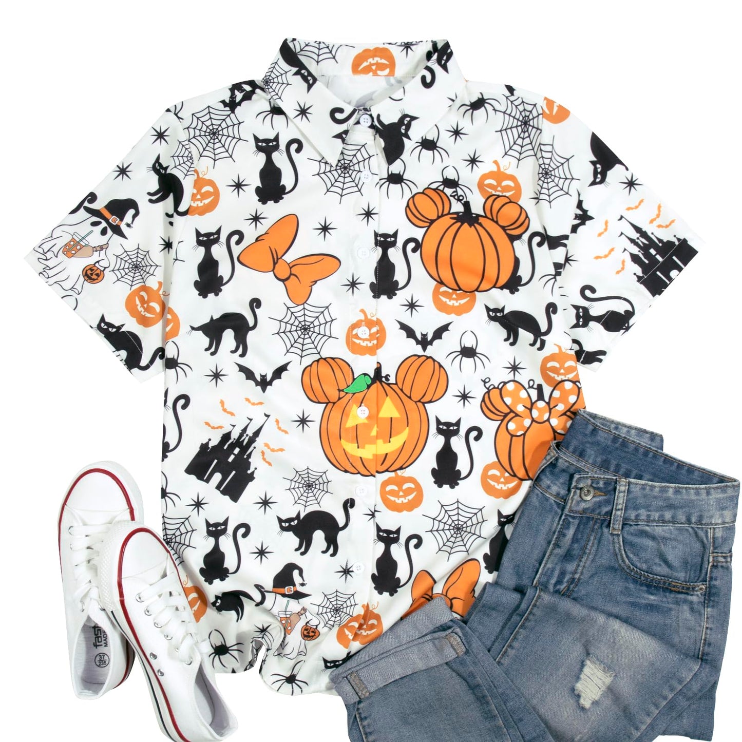 Womens Halloween Hawaiian Shirt Cute Pumpkin Spooky Castle Graphic Tee Magical Halloween Short Sleeve Button Up Tops