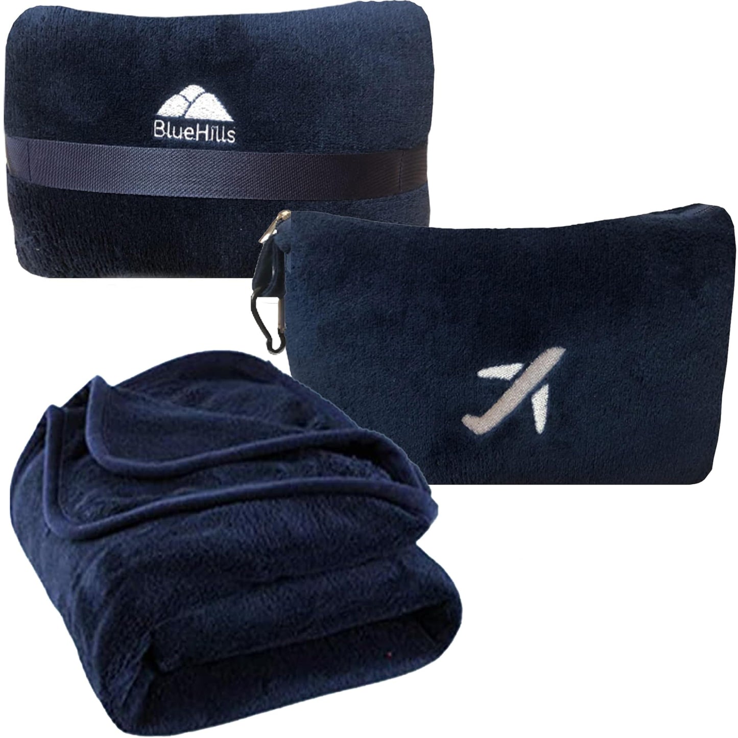 BlueHills Premium Soft Travel Blanket Pillow in Mini Soft Case Plush Airplane Blanket Compact Pack with Luggage Belt and Backpack Clip Long Flights Essentials Navy Blue M04