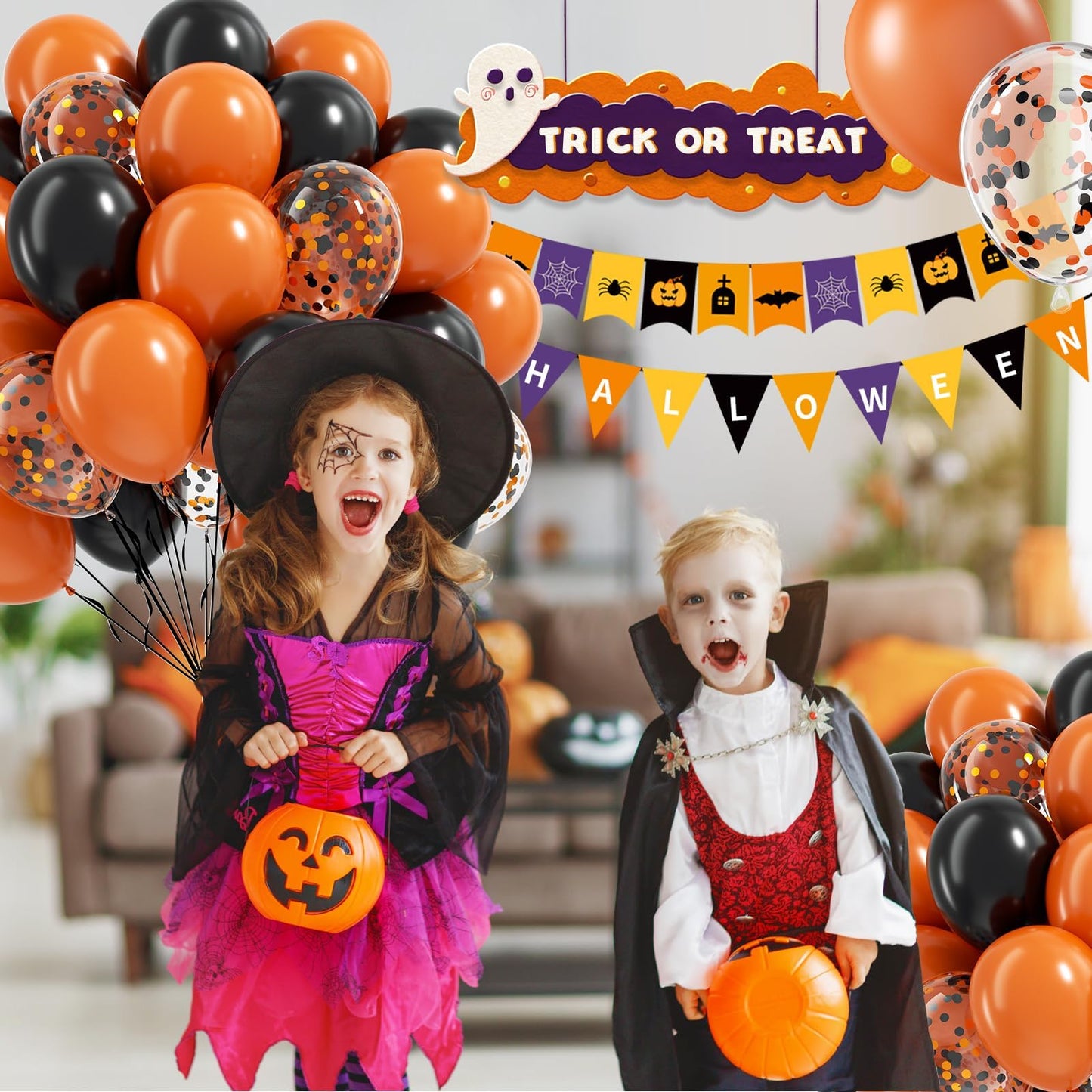 60pcs Orange and Black Halloween Balloons, 12inch Black Orange Latex Confetti Balloons for Ghost Halloween Birthday Party Decorations