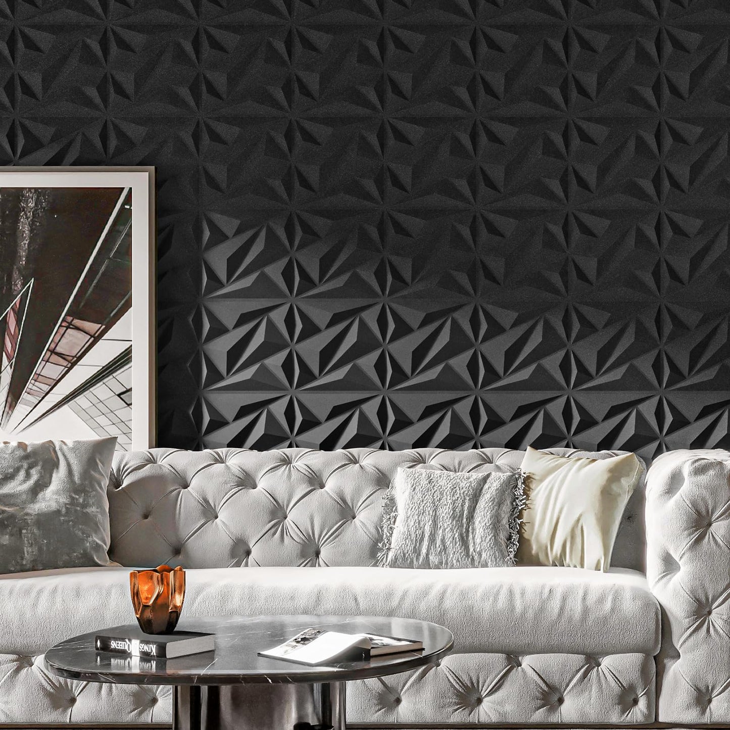 Art3dwallpanels 33 Pack 3D Wall Panel Diamond for Interior Wall Décor, PVC Flower Textured Wall Panels for Living Room Lobby Bedroom Hotel Office, Black, 12''x12'' Cover 32.Sq.Ft.