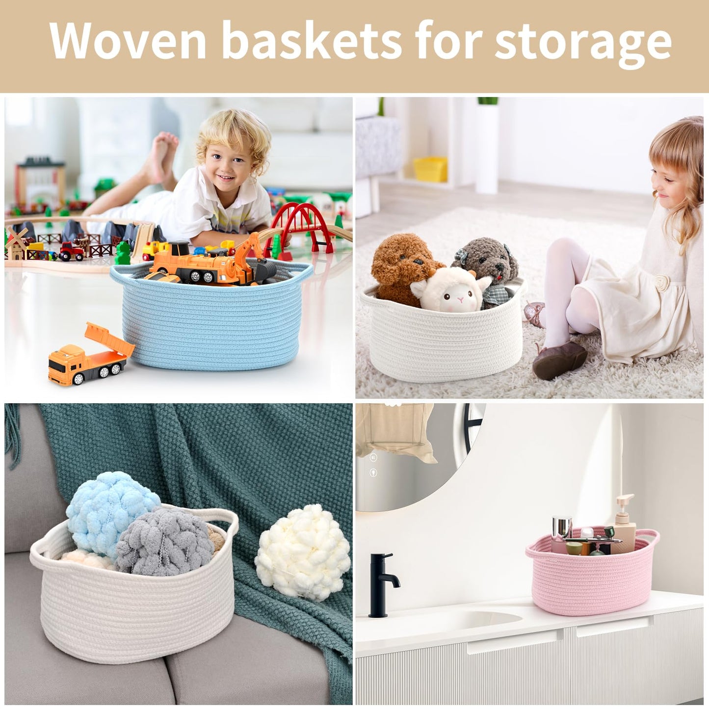 Happyiren Cute Woven Storage Basket with Handle, Baskets for Gifts Empty, Gift Baskets for Birthday Baby Shower Raffle Burr Fundraiser, Decorative Organizer Box for Baby Toy Pet, 13" D x 8" W x 6" H