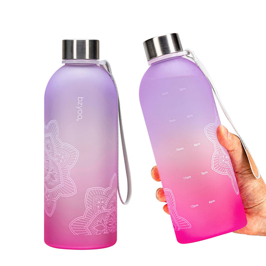 bzyoo 32 OZ 1 Liter Time Marker Water Bottle BPA Free Frosted Durable Plastic With Strap - Reusable Water Bottle With Times To Drink For Fitness Gym Gifts For Him & Her (Color: Ombre Pink)