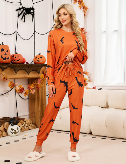 Blooming Jelly Womens Cute Pajama Sets Bat Long Sleeve Halloween Pjs Drawstring Lounge Sets 2025 (M, Orange)