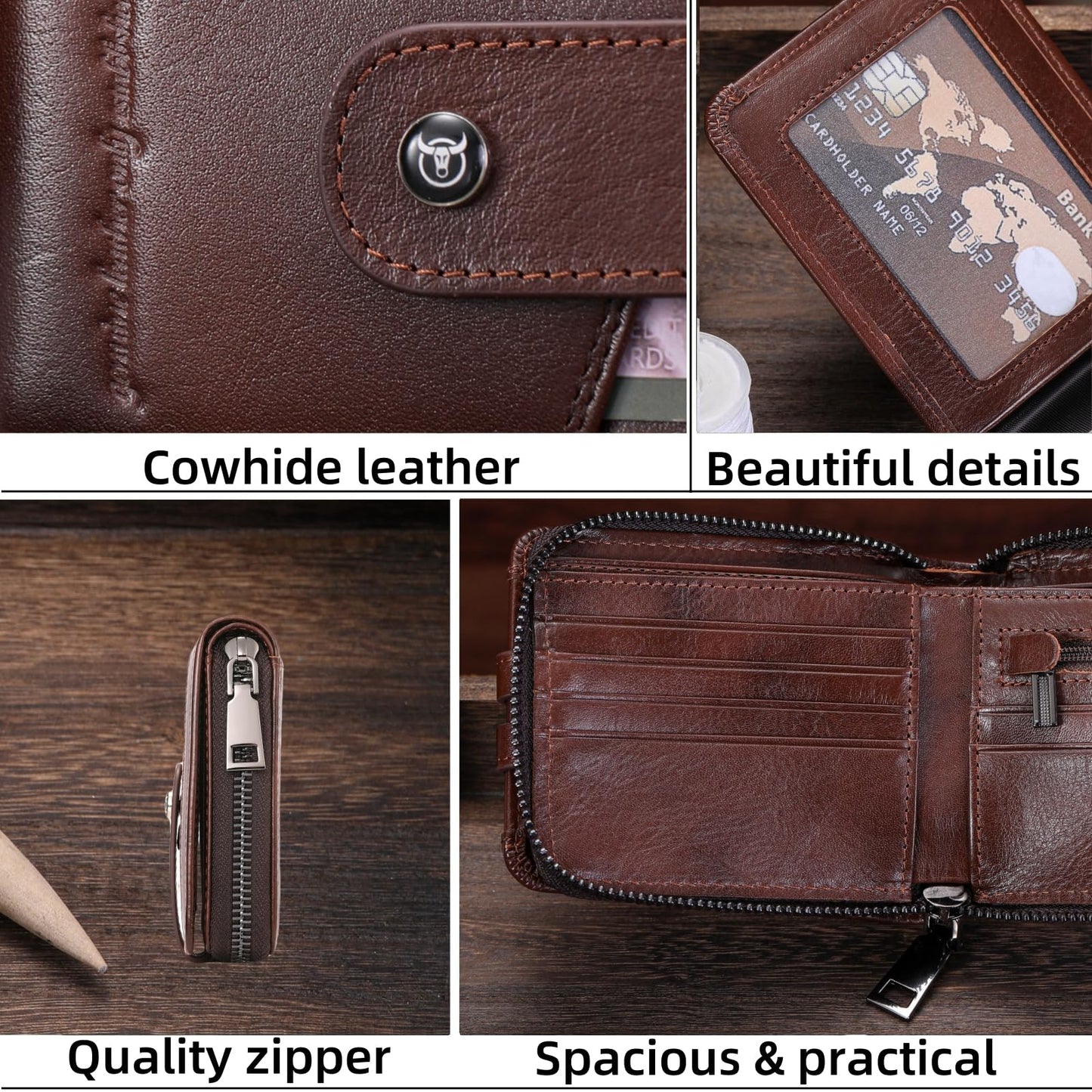 BULLCAPTAIN Genuine Leather Men's Wallet with Zipper Vintage RFID Blocking Large Capacity Wallet for Men with 14 Credit Card Slots and 1 ID Window T23 (Coffee)