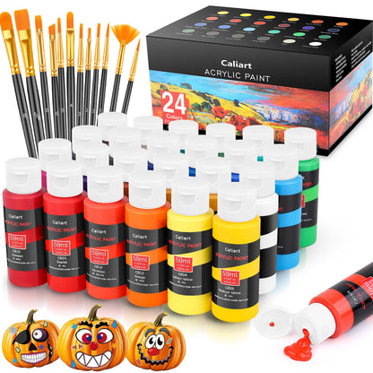 Caliart 24 Colors Acrylic Paint Set with 12 Brushes, Art Craft Paints Gifts Trendy Stuff for Adults Artists, Halloween Pumpkin Canvas Ceramic Rock Eggs Painting Kit Art Supplies
